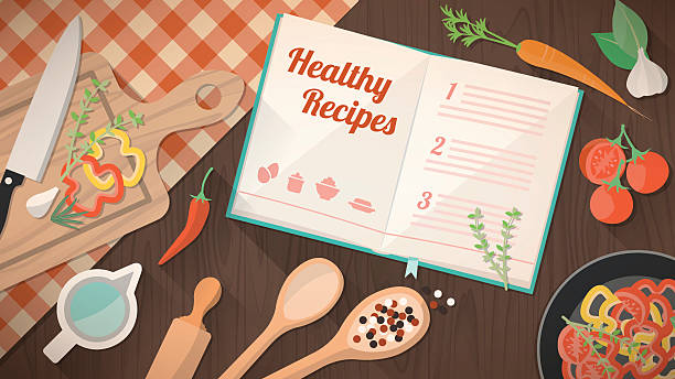 Healthy recipes cookbook Healthy recipes cookbook, kitchen utensils and ingredients on the kitchen table, food preparation and learning concept cooking utensil domestic kitchen kitchen utensil chef stock illustrations