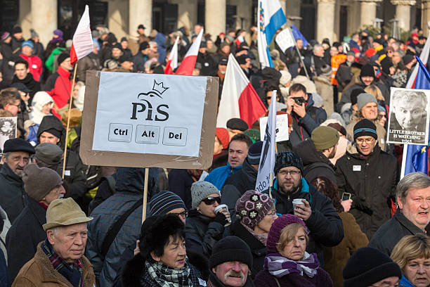 Cracow - Demonstration against the surveillance on Internet Cracow, Poland - January 23, 2016: the Demonstration against the surveillance on Internet " In the defence  of Your freedom " organized through The Committee for the Defence of Democracy / KOD /. Cracow, Poland solidarity labor union stock pictures, royalty-free photos & images