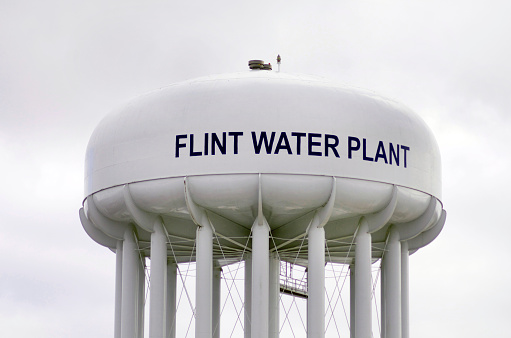 Flint, Michigan, USA - January 23, 2016: Flint Water Plant Tank which holds drinking water for the city of Flint, Michigan.