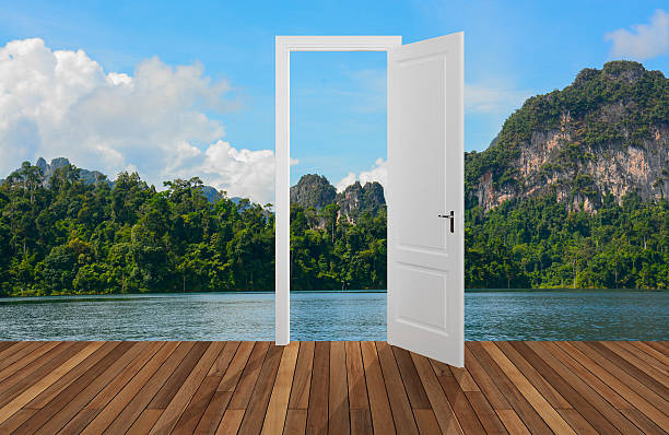 istock Landscape behind the opening door,3D 506793877