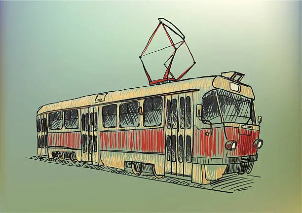 Vector illustration of Sketch of the old red-yellow tram a perspective