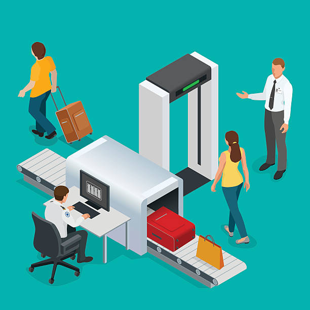 пассажиров, проходит клетки регистрации в аэропорту - airport isometric airport security x ray stock illustrations