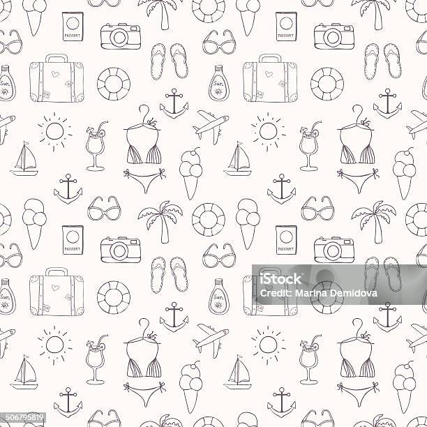 On Vacation Summer Sketch Seamless Pattern Stock Illustration - Download Image Now - Abstract, Adult, Airplane