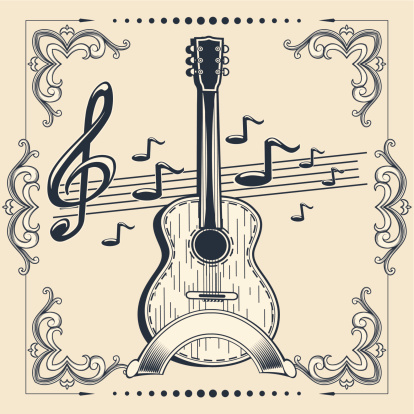 acoustic guitar, clef & notes - music design, vector artwork