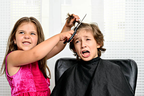 evil haircut funny brothers at hairstylist. angry hairstylist stock pictures, royalty-free photos & images