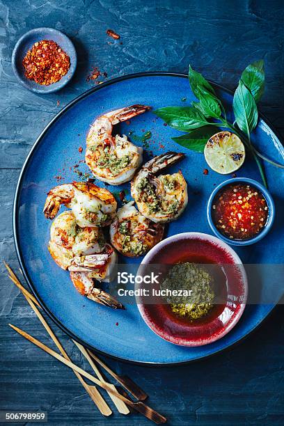 Shrimp Satay Stock Photo - Download Image Now - Blue, Plate, Seafood