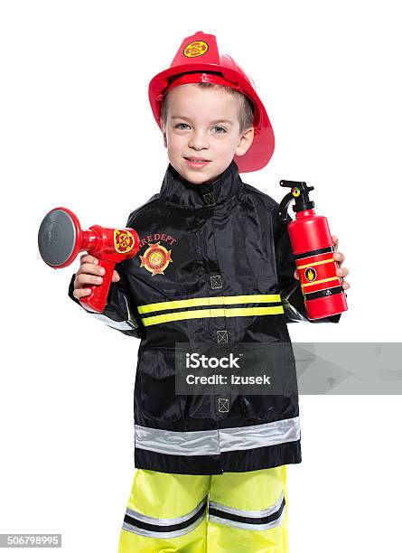 Junior Fireman Stock Photo - Download Image Now - Child, Firefighter, White Background