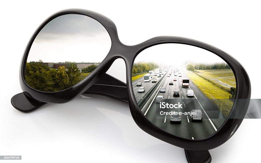 the road through glasses view of the road through glasses Looking Through Window Stock Photo