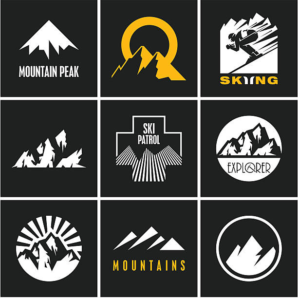 ilustrações de stock, clip art, desenhos animados e ícones de esqui. esqui. esquiador. conjunto de ícones de montanha - sunset winter mountain peak european alps