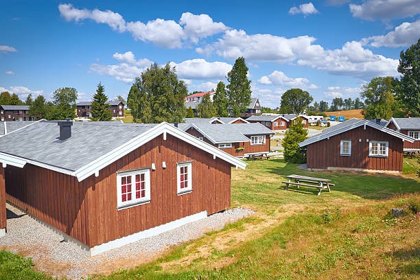 costeiras casas de madeira na noruega, em dia nublado de verão - denmark house cottage rural scene - fotografias e filmes do acervo