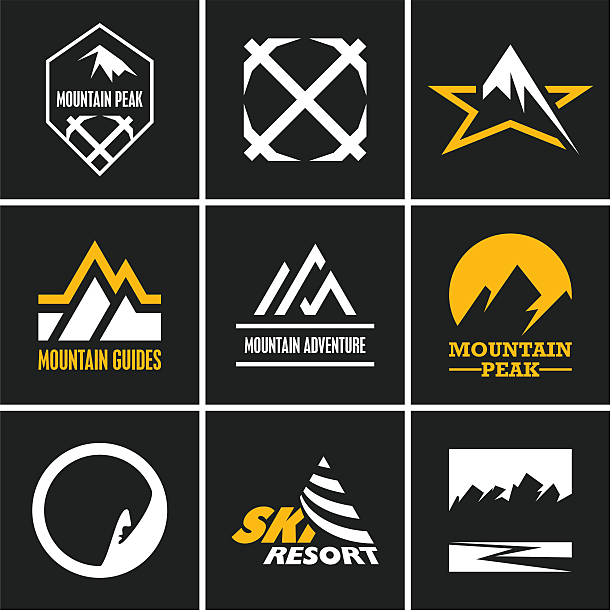 ilustraciones, imágenes clip art, dibujos animados e iconos de stock de conjunto de iconos de las montañas.  alpinismo. - sunset winter mountain peak european alps