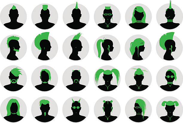 Anonymous Goth, Punk and Alternative Avatars Set of anonymous male and female goth, punk and alternative people avatars mohawk stock illustrations