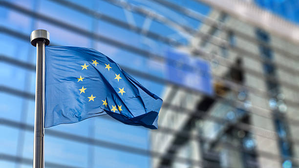 European Union flag against European Parliament European Union flags in front of the blurred European Parliament in Brussels, Belgium european union flag photos stock pictures, royalty-free photos & images