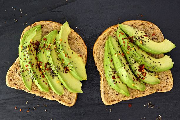 istock Open avocado sandwiches with chia seeds on dark slate 506815660