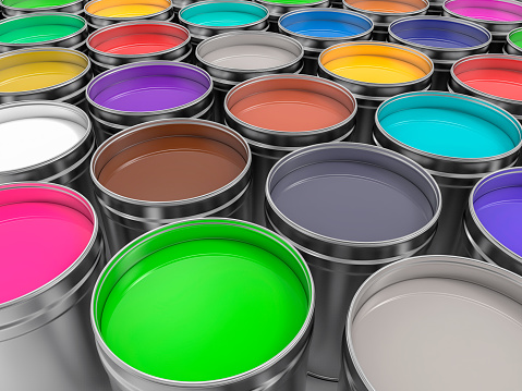 set of color splashes of paint in can 3d illustration