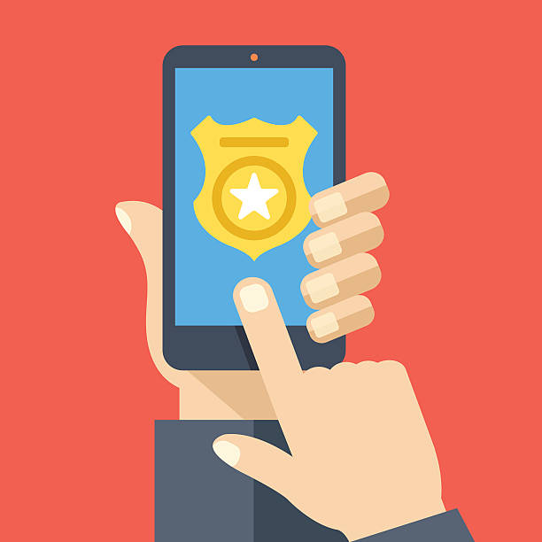 Call police app on smartphone screen. Emergency call concept Call police app on smartphone screen. Emergency call concept. Hand hold smartphone, finger touch button. Modern concept for web banner, web site, infographics. Creative flat design vector illustration emergency response workplace stock illustrations