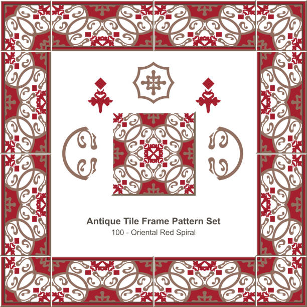 Antique Tile Frame Pattern Set100 Oriental Red Spiral Stock