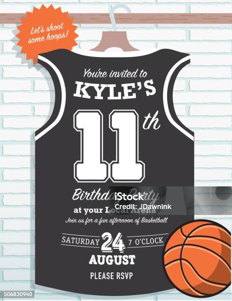 Boys Birthday Party Basketball Jersey Themed Invitation Design Stock Illustration - Download Image Now