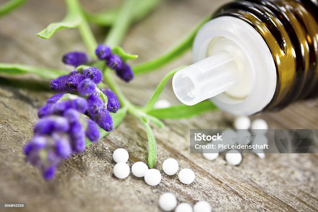 Blood cells globuli and lavender Homeopathic Medicine Stock Photo
