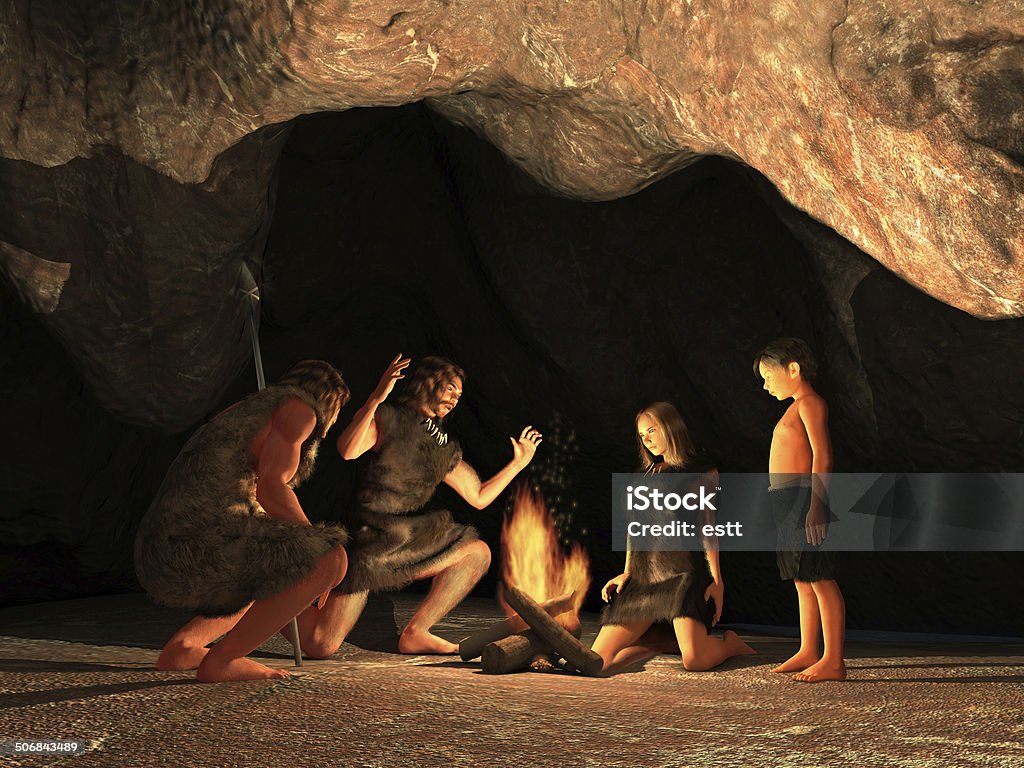 Grotte dwellers réunis autour d'un feu de camp - Photo de Homme de Néandertal libre de droits