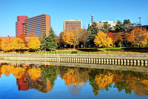 Autumn colors along the Flint River in downtown Flint Michigan