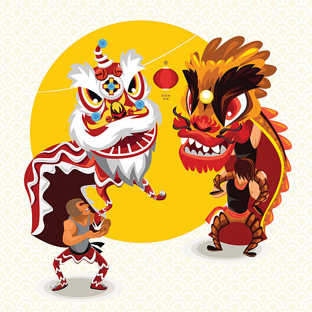 chinesisches mondkalender neujahr löwentanz kampf - dragon chinese dragon china chinese ethnicity stock-grafiken, -clipart, -cartoons und -symbole