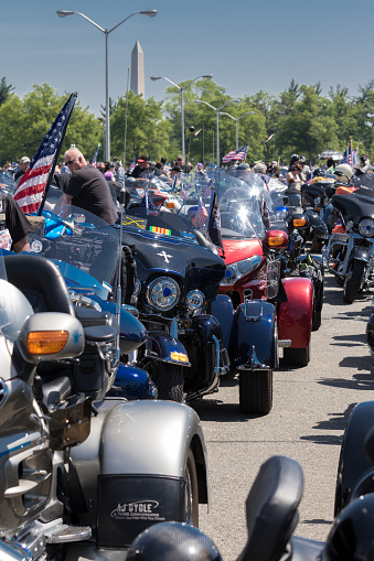 Arlington, VA, USA - May 25 2015: Rolling Thunder Motorcycles assembling in the Pentagon’s parking lot.