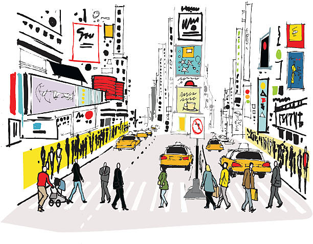 Vector illustration of pedestrians crossing road, Times Square New York A stylized illustration showing Times Square buildings, traffic and pedestrians in New York, capturing the hustle and bustle of a big city, yellow taxis and crowds of shoppers along sidewalks.  times square stock illustrations
