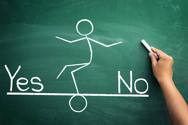 funny sketch  person balancing on beam scale between words Yes and No