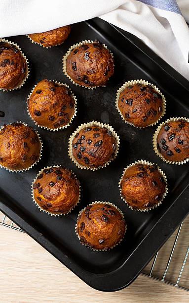 istock Chocolate muffins on a black metal tray 506850344