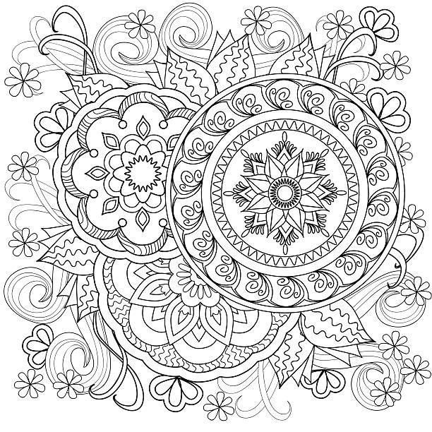 flowers-mandalas-b10 Hand drawn decorated image with flowers and mandalas. style. Henna Paisley flowers Mehndi. Image for adults coloring page. Vector illustration - eps 10. adult coloring pages mandala stock illustrations