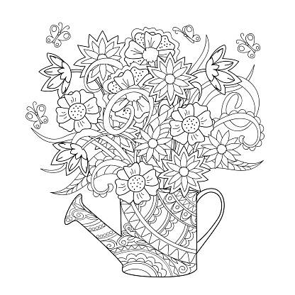 Hand drawn decorated image watering can with flower and herb. style. Henna Paisley flowers Mehndi. Image for adult or children coloring  page, tatoo. Vector illustration - eps 10.