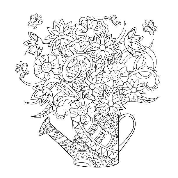 watering can with flowers Hand drawn decorated image watering can with flower and herb. style. Henna Paisley flowers Mehndi. Image for adult or children coloring  page, tatoo. Vector illustration - eps 10. adult coloring pages mandala stock illustrations