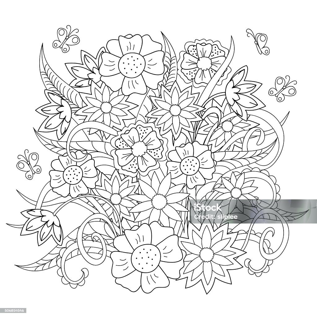 Ilustración de Garabato Flores De Hierbas Y Mariposa y más Vectores Libres  de Derechos de Mandala - Mandala, Adulto, Página de libro para colorear -  Técnica de ilustración - iStock