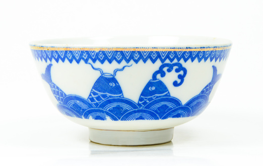 China porcelain bowl with paintings of Chinese fish by blue color