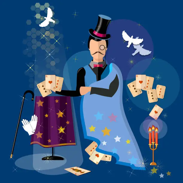 Vector illustration of Illusionist magician shows tricks magic cards