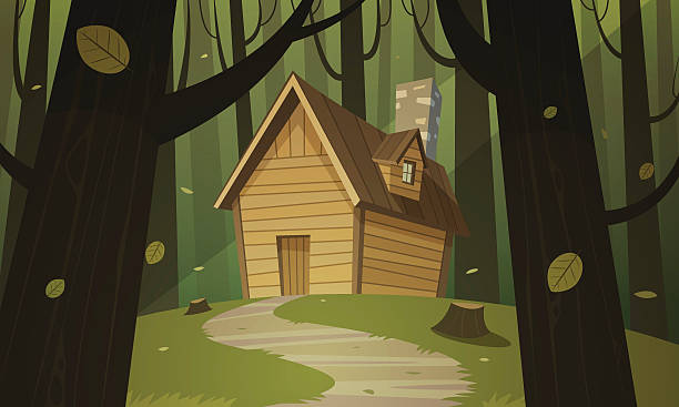 Cartoon illustration of the summer forest landscape with wooden cabin.