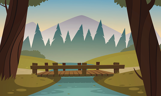 Cartoon illustration of the small wooden bridge in the woods, summer landscape.