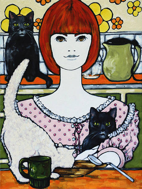 Cat Lady with Cats in a Retro Ktchen Painting vector art illustration