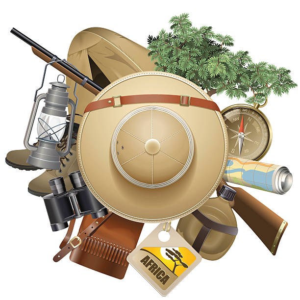 ilustraciones, imágenes clip art, dibujos animados e iconos de stock de vector de concepto con sombrero de safari - discovery binoculars boy scout searching