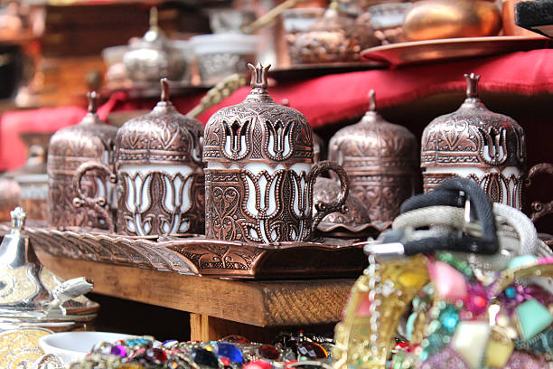 Traditional handcrafted copper coffee pots in souvenir shops in Sarajevo