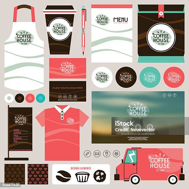 Concept For Coffee Shop Identity Mock Up Template Stock Illustration - Download Image Now - Apron, Backgrounds, Bag