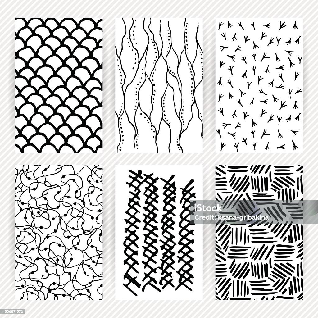 Flyers with hand drawn textures. Flyers with hand drawn textures made with ink. Set of textured backgrounds. Claws, lines, knotes and scales. Tangled stock vector