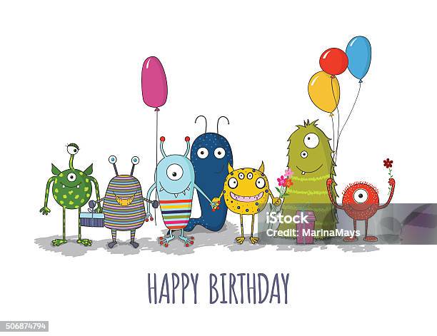 Cute Colorful Monsters Happy Birthday Card Eps10 Stock Illustration - Download Image Now - Birthday, Child, Humor