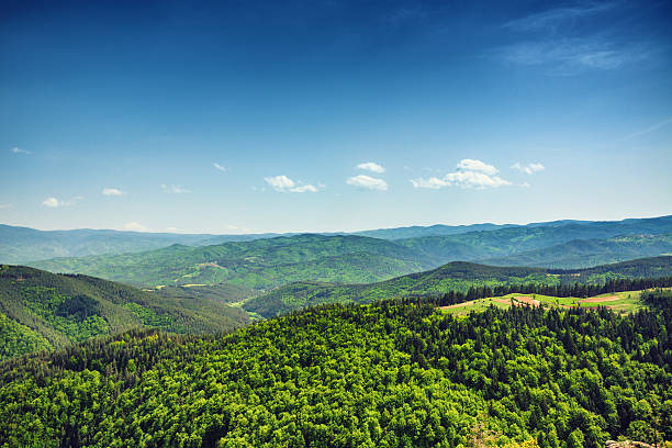 Beautiful mountain landscape, with mountain peaks covered with f