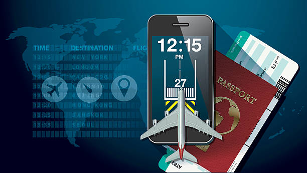 Vector of Tecnology for travel concept Checking smartphone screen at flight information board timetable with passport and airline ticket.Travel concept. Vector, illustrator. business travel stock illustrations