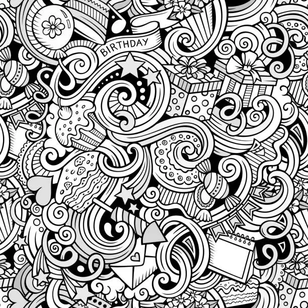 Vector illustration of Cartoon hand-drawn doodles birthday theme seamless pattern