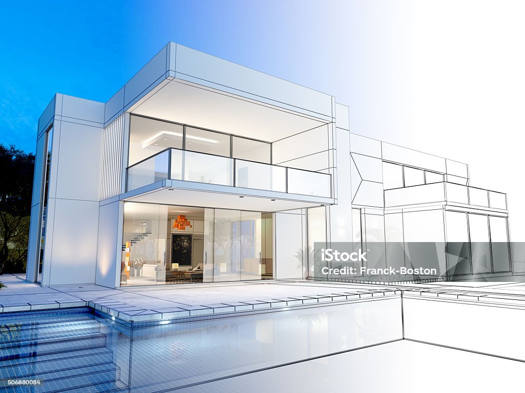 Villa technical rendering 3D rendering of a luxurious villa with contrasting realistic rendering and wireframe House Stock Photo