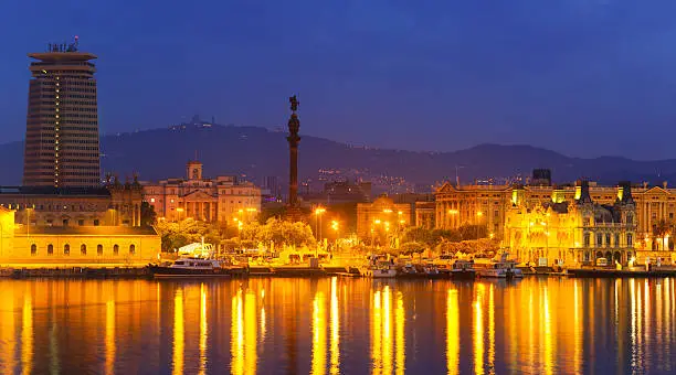 Photo of Barcelona and Mediterranean in night.  Spain