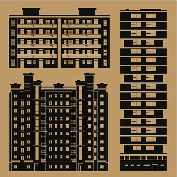 Vector illustration of Buildings set with european block houses - monochrome